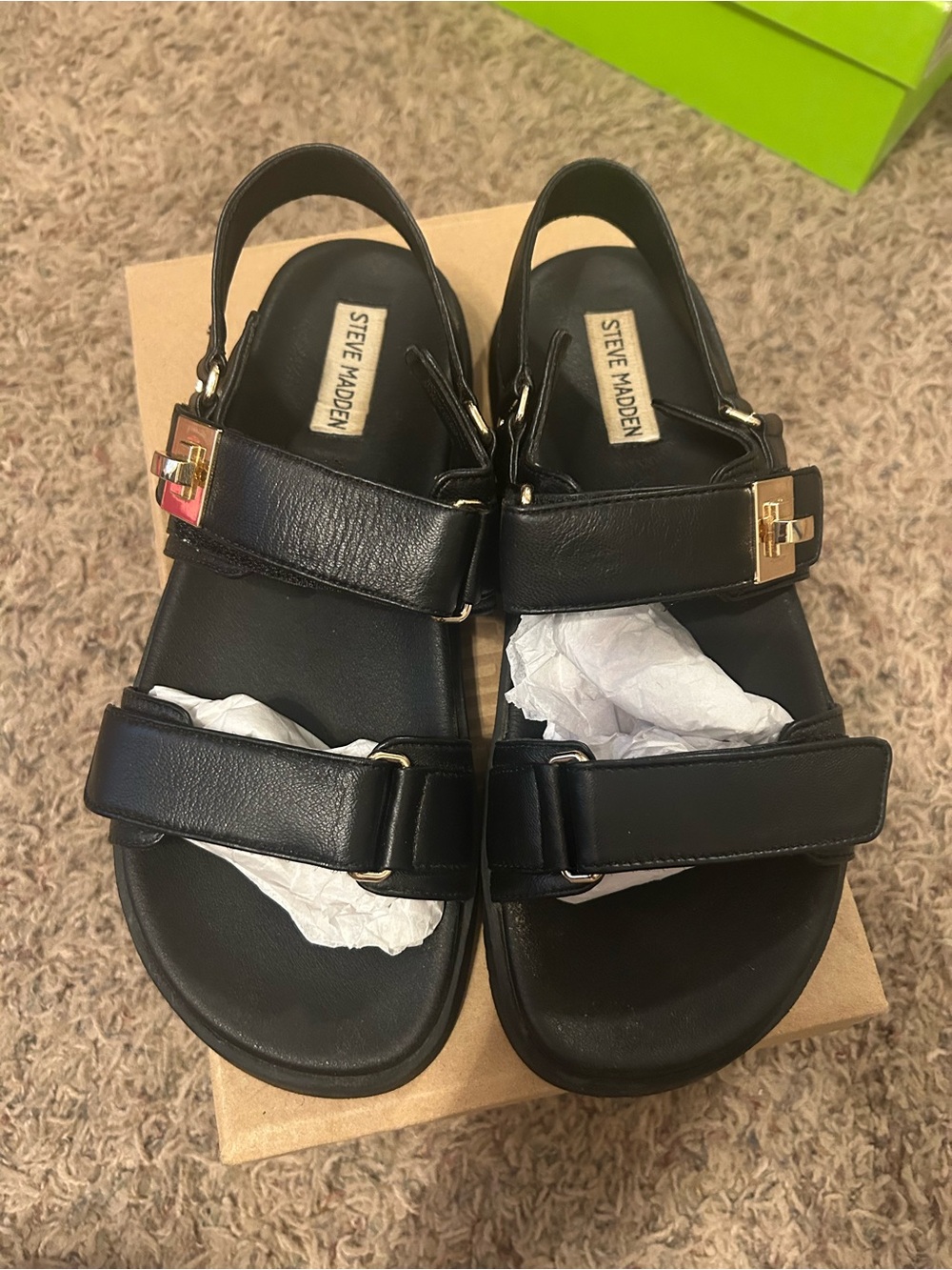 Steve Madden Black Leather Buckle Slingback Sandals with Gold Hardware